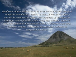 Igualmente alguna determinación de las características que tomará el trabajo de recopilación y análisis de datos, la frecuencia, lugar y horario de reuniones del equipo, junto a algunas de las reglas del juego que serían aplicables a tales reuniones: duración, nombre o forma de rotación de un secretario de actas y la forma en que éstas deben ser tomadas, compromiso de asistencia y/o formas de compensar ausencias. 