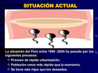 SITUACIÓN ACTUAL La situación del Perú entre 1994 -2004 ha pasado por los siguientes procesos: Proceso de rápida urbanización. Población crece más rápido que la economía. Se tiene más hijos que los deseados. 