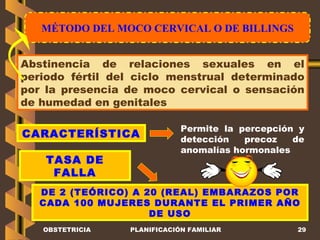 MÉTODO DEL MOCO CERVICAL O DE BILLINGS OBSTETRICIA PLANIFICACIÓN FAMILIAR Abstinencia de relaciones sexuales en el periodo fértil del ciclo menstrual determinado por la presencia de moco cervical o sensación de humedad en genitales CARACTERÍSTICA TASA DE FALLA Permite la percepción y detección precoz de anomalías hormonales DE 2 (TEÓRICO) A 20 (REAL) EMBARAZOS POR CADA 100 MUJERES DURANTE EL PRIMER AÑO DE USO 