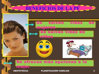 Se salvan vidas de mujeres Se ofrecen más opciones a la mujer Se salvan vidas de niños BENEFICIOS DE LA PF OBSTETRICIA PLANIFICACIÓN FAMILIAR 