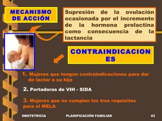 OBSTETRICIA PLANIFICACIÓN FAMILIAR MECANISMO DE ACCIÓN Supresión de la ovulación ocasionada por el incremento de la hormona prolactina como consecuencia de la lactancia CONTRAINDICACIONES 1.  Mujeres que tengan contraindicaciones para dar de lactar a su hijo 2.  Portadoras de VIH - SIDA 3 . Mujeres que no cumplen los tres requisitos  para el MELA 
