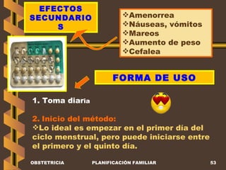 OBSTETRICIA PLANIFICACIÓN FAMILIAR EFECTOS SECUNDARIOS Amenorrea Náuseas, vómitos Mareos Aumento de peso Cefalea FORMA DE USO 1. Toma diar ia 2.   Inicio del método: Lo ideal es empezar en el primer día del ciclo menstrual, pero puede iniciarse entre el primero y el quinto día.  