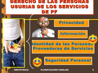 DERECHO DE LAS PERSONAS USURIAS DE LOS SERVICIOS DE PF Privacidad Identidad de las Personas  Proveedoras de Servicios Seguridad Personal Información OBSTETRICIA PLANIFICACIÓN FAMILIAR 