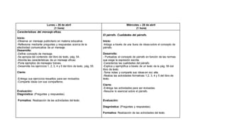 Lunes – 26 de abril
(1 hora)
Miércoles – 28 de abril
(1 hora)
Características del mensaje eficaz.
Inicio:
-Observa un mensaje publicitario en materia educativa.
-Reflexiona mediante preguntas y respuestas acerca de la
efectividad comunicativa de un mensaje.
Desarrollo:
-Define concepto de mensaje.
-Se apropia del contenido del libro de texto, pág. 54.
-Aborda las características de un mensaje eficaz.
-Pone ejemplos de mensajes breves.
-Desarrolla los ejercicios 1, 2, 3, 4 y 5 del libro de texto, pág. 55.
Cierre:
-Entrega sus ejercicios resueltos para ser revisados.
-Comparte ideas con sus compañeros.
Evaluación:
Diagnóstica: (Preguntas y respuestas).
Formativa: Realización de las actividades del texto.
El párrafo. Cualidades del párrafo.
Inicio:
-Indaga a través de una lluvia de ideas sobre el concepto de
párrafo.
Desarrollo:
- Puntualiza el concepto de párrafo en función de las normas
que exige la expresión escrita.
-Caracteriza las cualidades del párrafo.
-Explica y ejemplifica a través de un texto de la pág. 56 del
libro de texto.
-Toma notas y comparte sus ideas en voz alta.
-Realiza las actividades formativas 1,2, 3, 4 y 5 del libro de
texto.
Cierre:
-Entrega las actividades para ser revisadas.
-Resume lo esencial sobre el párrafo.
Evaluación:
Diagnóstica: (Preguntas y respuestas).
Formativa: Realización de las actividades del texto.
 