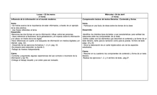Lunes – 22 de marzo
(1 hora)
Miércoles –24 de abril
(1 hora)
Influencia de la información en el mundo moderno.
Inicio:
- Se motiva acerca de la importancia de estar informados, a través de un ejemplo
de la vida práctica.
-Usa frases referentes al tema.
Desarrollo:
-Menciona las dos formas en que la información influye sobre las personas.
- Hace referencia al fenómeno de la globalización y el impacto sobre la información
y la cultura en medio de la era digital.
-Hace referencias en cuanto a la búsqueda de información en medios digitales y el
internet. (pág. 32).
- Desarrollo de los ejercicios formativos 1, 2 y 4, pág. 33.
-Se prepara para responder su Aporte 3.
-Trabaja de manera independiente.
Cierre:
-Comenta y argumenta algunas experiencias del uso correcto e incorrecto de la
información y las TIC.
-Entrega el trabajo resuelto y en orden para ser revisado.
Comprensión lectora de textos literarios. Contenido y forma.
Inicio:
- Participa en una lluvia de ideas sobre los temas de la clase.
Desarrollo:
-Identifica los distintos tipos de textos y sus características para señalar las
relaciones entre los componentes de un texto.
-Define cuáles son los elementos que describen el contenido y la forma de un
texto literario, tanto para la narración como para la poesía. Ve libro de texto
págs. 24 y 25.
- Inicia la elaboración de un cartel digital sobre uno de los aspectos
estudiados.
Cierre:
- Resume en su cuaderno los componentes de contenido y forma de un texto
literario.
-Realiza los ejercicios 1, 2, y 4 del libro de texto, pág.27.
 