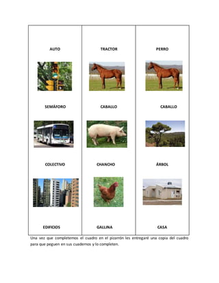 Una vez que completemos el cuadro en el pizarrón les entregaré una copia del cuadro
para que peguen en sus cuadernos y lo completen.
AUTO
SEMÁFORO
COLECTIVO
EDIFICIOS
TRACTOR
CABALLO
CHANCHO
GALLINA
PERRO
CABALLO
ÁRBOL
CASA
 