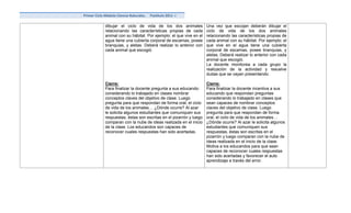 Primer Ciclo Módulo Ciencia Naturales.   Postítulo 2011 -I

             dibujar el ciclo de vida de los dos animales            Una vez que escojan deberán dibujar el
             relacionando las características propias de cada        ciclo de vida de los dos animales
             animal con su hábitat. Por ejemplo: el que vive en el   relacionando las características propias de
             agua tiene una cubierta corporal de escamas, posee      cada animal con su hábitat. Por ejemplo: el
             branquias, y aletas. Deberá realizar lo anterior con    que vive en el agua tiene una cubierta
             cada animal que escogió.                                corporal de escamas, posee branquias, y
                                                                     aletas. Deberá realizar lo anterior con cada
                                                                     animal que escogió.
                                                                     La docente monitorea a cada grupo la
                                                                     realización de la actividad y resuelve
                                                                     dudas que se vayan presentando.

             Cierre:                                                 Cierre:
             Para finalizar la docente pregunta a sus educando:      Para finalizar la docente incentiva a sus
             considerando lo trabajado en clases nombrar             educando que respondan preguntas
             conceptos claves del objetivo de clase. Luego           considerando lo trabajado en clases que
             pregunta para que respondan de forma oral, el ciclo     sean capaces de nombrar conceptos
             de vida de los animales… ¿Dónde ocurre? Al azar         claves del objetivo de clase. Luego
             le solicita algunos estudiantes que comuniquen sus      pregunta para que respondan de forma
             respuestas, éstas son escritas en el pizarrón y luego   oral, el ciclo de vida de los animales…
             comparan con la nube de ideas realizada en el inicio    ¿Dónde ocurre? Al azar le solicita algunos
             de la clase. Los educandos son capaces de               estudiantes que comuniquen sus
             reconocer cuales respuestas han sido acertadas.         respuestas, éstas son escritas en el
                                                                     pizarrón y luego comparan con la nube de
                                                                     ideas realizada en el inicio de la clase.
                                                                     Motiva a los educandos para que sean
                                                                     capaces de reconocer cuales respuestas
                                                                     han sido acertadas y favorecer el auto
                                                                     aprendizaje a través del error.
 