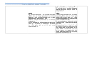 Primer Ciclo Módulo Ciencia Naturales.   Postítulo 2011 -I

                                                                     ¿Por qué la ardilla vive en el bosque?
                                                                     La docente nombra animales y espera
                                                                     que los estudiantes digan el hábitat al
                                                                     cual pertenecen.

              Cierre:                                                Cierre:
              Los educando responden a las siguientes preguntas      Los educando responden a las siguientes
              ¿Cómo debe ser el lugar que ocupan los animales        preguntas ¿Cómo debe ser el lugar que
              para vivir? ¿Qué condiciones debe tener un lugar       ocupan los animales para vivir? ¿Qué
              para que pueda desarrollarse la vida?                  condiciones debe tener un lugar para que
              De forma oral y al azar responden los educando a       pueda desarrollarse la vida?
              las preguntas.                                         De forma oral y al azar la docente motiva
              En una cartulina con algunos hábitat los educando      a sus educando a que respondan a las
              salen uno a uno dando una característica del hábitat   preguntas.
              que ellos gusten y/o un animal que pueda               Ubica una cartulina en el pizarrón, la cual
              desarrollarse en el.                                   se encuentra dividida en cuatro columnas
                                                                     cada una de ellas con el nombre de un
                                                                     hábitat distinto, los educando salen uno
                                                                     a uno dando una característica del
                                                                     hábitat que ellos gusten y/o un animal
                                                                     que pueda desarrollarse en el.
 
