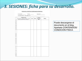 3. SESIONES: ficha para su desarrollo.

Puede descargarse el
documento en el blog.
Apartado CONTENIDOS/
CONDICIÓN FÍSICA

 