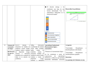 ● El docente entrega a los
estudiantes una hoja de una
lectura denominada “Los 10
matemáticos influyentes en la
historia del mundo”
Desarrollar los problemas
5 Semana del
razonamie
nto lógico
M.4.3.7. Calcular e
interpretar las medidas de
tendencia central (media,
mediana, moda) y medidas
de dispersión (rango,
varianza y desviación
estándar) de un conjunto de
datos en la solución de
problemas.
Utiliza información
cuantificable del contexto
social; utiliza variables;
aplica niveles de
medición; calcula e
interpreta medidas de
tendencia central (media,
mediana y moda), de
dispersión (rango,
varianza y desviación
Aprendizaje fundacional:
Razonamiento lógico –
matemático
*Promover el razonamiento lógico
en los estudiantes a partir de
experiencias de aprendizaje
dinámicas y reflexivas que permitan
desarrollar habilidades esenciales
1) Aportes
*Actividades Disciplinares o
Interdisciplinares individuales
*Actividades Disciplinares o
interdisciplinares grupales
Ejercicios:
Los puntajes de 8 alumnos en una
Del 18 al 22
de sept. de
2023
 