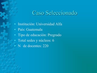 CasoSeleccionadoInstitución: Universidad Alfa País: GuatemalaTipo de educación: PregradoTotal sedes y núcleos: 6 N° de docentes: 220