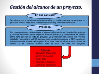 Gestión del alcance de un proyecto.
En que consiste?
Se refiere a todo el trabajo que esta dentro del rango y debe realizarse para entregar un
producto, servicio o resultado con las características y funciones especificas.
Procesos.
Los procesos usados para gestionar el alcance del proyecto, así como las herramientas
y técnicas asociadas, varían según el área de aplicación y normalmente se definen
como parte del ciclo de vida del proyecto. La Declaración del Alcance del Proyecto
detallada y aprobada, y su EDT asociada junto con el diccionario de la EDT, constituyen
la línea base del alcance del proyecto. Esta línea base del alcance se monitorea, se
verifica y se controla durante todo el ciclo de vida del proyecto.
Procesos:
• Recopilar Requisitos
• Definir el Alcance
• Crear WBS
• Verificar el Alcance
• Controlar el Alcance
 