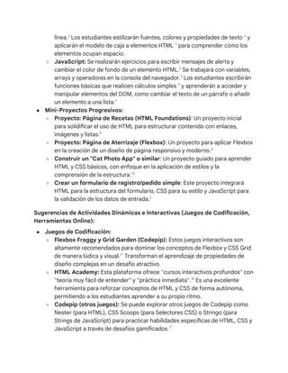 línea.3
Los estudiantes estilizarán fuentes, colores y propiedades de texto 3
y
aplicarán el modelo de caja a elementos HTML 3
para comprender cómo los
elementos ocupan espacio.
○ JavaScript: Se realizarán ejercicios para escribir mensajes de alerta y
cambiar el color de fondo de un elemento HTML.3
Se trabajará con variables,
arrays y operadores en la consola del navegador.3
Los estudiantes escribirán
funciones básicas que realicen cálculos simples 3
y aprenderán a acceder y
manipular elementos del DOM, como cambiar el texto de un párrafo o añadir
un elemento a una lista.3
● Mini-Proyectos Progresivos:
○ Proyecto: Página de Recetas (HTML Foundations): Un proyecto inicial
para solidificar el uso de HTML para estructurar contenido con enlaces,
imágenes y listas.8
○ Proyecto: Página de Aterrizaje (Flexbox): Un proyecto para aplicar Flexbox
en la creación de un diseño de página responsivo y moderno.8
○ Construir un "Cat Photo App" o similar: Un proyecto guiado para aprender
HTML y CSS básicos, con enfoque en la aplicación de estilos y la
comprensión de la estructura.10
○ Crear un formulario de registro/pedido simple: Este proyecto integrará
HTML para la estructura del formulario, CSS para su estilo y JavaScript para
la validación de los datos de entrada.3
Sugerencias de Actividades Dinámicas e Interactivas (Juegos de Codificación,
Herramientas Online):
● Juegos de Codificación:
○ Flexbox Froggy y Grid Garden (Codepip): Estos juegos interactivos son
altamente recomendados para dominar los conceptos de Flexbox y CSS Grid
de manera lúdica y visual.17
Transforman el aprendizaje de propiedades de
diseño complejas en un desafío atractivo.
○ HTML Academy: Esta plataforma ofrece "cursos interactivos profundos" con
"teoría muy fácil de entender" y "práctica inmediata".18
Es una excelente
herramienta para reforzar conceptos de HTML y CSS de forma autónoma,
permitiendo a los estudiantes aprender a su propio ritmo.
○ Codepip (otros juegos): Se puede explorar otros juegos de Codepip como
Nester (para HTML), CSS Scoops (para Selectores CSS) o Stringo (para
Strings de JavaScript) para practicar habilidades específicas de HTML, CSS y
JavaScript a través de desafíos gamificados.17
 