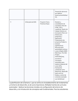 Prevención del envío
por defecto
(event.preventDefaul
t()).
9 28 de julio de 2025 Proyecto Final y
Próximos Pasos
Revisión y
consolidación de
conceptos clave de
HTML, CSS y
JavaScript. Sesión de
trabajo intensivo en
el proyecto final, con
tiempo para
preguntas y
depuración.
Presentación de
proyectos finales (o
avances
significativos).
Recursos para
aprendizaje continuo
y auto-dirigido (MDN
Web Docs, The Odin
Project,
freeCodeCamp,
Coursera).8
Conceptos
avanzados para
explorar después del
curso (APIs,
frameworks
JavaScript como
React/Vue, desarrollo
back-end con
Node.js, control de
versiones avanzado
con Git/GitHub).1
La planificación de la Semana 1, que se centra en el establecimiento de fundamentos
y el entorno de desarrollo, es de suma importancia. Múltiples fuentes de currículos
autorizados 5
dedican las lecciones iniciales a la configuración del entorno de
desarrollo y a la introducción de conceptos web fundamentales. Para los estudiantes
 