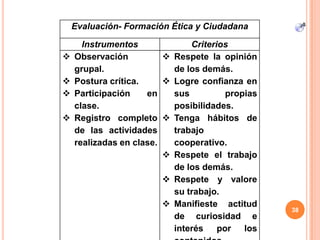Evaluación- Formación Ética y Ciudadana
Instrumentos Criterios
 Observación
grupal.
 Postura crítica.
 Participación en
clase.
 Registro completo
de las actividades
realizadas en clase.
 Respete la opinión
de los demás.
 Logre confianza en
sus propias
posibilidades.
 Tenga hábitos de
trabajo
cooperativo.
 Respete el trabajo
de los demás.
 Respete y valore
su trabajo.
 Manifieste actitud
de curiosidad e
interés por los
38
 