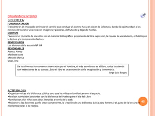 ORGANISMOS INTERNO
BIBLIOTECA
FUNDAMENTACION
El docente es el encargado de iniciar el camino que conduce al alumno hacia el placer de la lectura, dando la oportunidad a los
mismos de transitar una ruta con imágenes y palabras, disfrutando y dejando huellas.
OBJETIVO
Favorecer el contacto de los niños con el material bibliográfico, propiciando la libre expresión, la riqueza de vocabulario, el hábito por
la lectura y la comprensión lectora.
BENEFICIARIOS
Los alumnos de la escuela Nº l84
RESPONSABLES
Acosta, Nancy
Modesto Ivana
Menotti Marisa
Vivas, Ana
De los diversos instrumentos inventados por el hombre, el más asombroso es el libro, todos los demás
son extensiones de su cuerpo…Solo el libro es una extensión de la imaginación y la memoria.
Jorge Luis Borges
ACTIVIDADES
•Organizar visitas a la biblioteca pública para que los niños se familiaricen con el espacio.
•Realizar actividades conjuntas con la Biblioteca del Pueblo para el día del Libro
•Familiarizar a los niños con obras literarias a través de la web.
•Proponer a las docentes que lo crean conveniente, la creación de una biblioteca áulica para fomentar el gusto de la lectura en
momentos libres o de recreo.
40
 