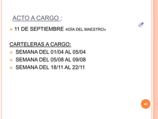 ACTO A CARGO :
 11 DE SEPTIEMBRE «DÍA DEL MAESTRO»
CARTELERAS A CARGO:
 SEMANA DEL 01/04 AL 05/04
 SEMANA DEL 05/08 AL 09/08
 SEMANA DEL 18/11 AL 22/11
49
 