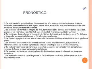 PRONÓSTICO:
7
 Se aspira enseñar propiciando un clima armónico y afectuoso en donde el educando se sienta
permanentemente estimulado para lograr, de ese modo, superar las dificultades cuando estas sean
productos de inseguridades emocionales.
 Se atenderá a al formación integral del niño, formándolo como persona acorde con su capacidad,
guiado por los valores de vida, libertad, paz, solidaridad, tolerancia, igualdad y justicia.
 Se continuará desarrollando la formación de hábitos de trabajo y de conducta, con el fin de lograr
el desarrollo autónomo del alumno y el fortalecimiento del grupo.
 Se formará equipos en el aula para el desarrollo de las actividades que requieran la participación de
grupos.
 Se abordará a la lectura de diferentes tipos de textos propios del nivel, que posibilite la
interpretación de los mismos, logrando así, emplear estrategias para la producción escrita.
 Se trabajará con todos los materiales concretos necesarios para el desarrollo de los temas,
tratando de lograr la mayor comprensión del alumno.
 Se impulsará en forma permanente el uso del diccionario para que el educando enriquezca su
vocabulario.
 Se mantendrá contacto con el hogar con el fin de elaborar con el niño en la superación de la
dificultades diarias.
 