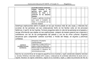 Institución Educativa N° 82070 – 4° Grado “A Magdalena
le permita construir consensos
Propone iniciativas y las
gestiona para lograr el
bienestar de todos y la
promoción de los derechos
humanos
Propone y gestiona iniciativas
para lograr el bienestar de
todos y la promoción de los
derechos humanos
Construye explicaciones sobre el pasado en las que reconoce más de una causa, y relaciona las
acciones de las personas con sus consecuencias tanto en los hechos como en los procesos
históricos. A partir de las fuentes, formula preguntas sobre la vida de las personas en el pasado y
recoge información que emplea en sus explicaciones; compara de manera general sus creencias y
costumbres con las de los protagonistas del pasado y con las de otras culturas. Organiza
secuencias para comprender cambios ocurridos, a través del tiempo, en objetos y prácticas
cotidianas.
CONTRUYE
INTERPRETACIONES
HISTÓRICAS.
Interpreta críticamente
fuentes diversas
Comprende el tiempo histórico y
emplea categorías temporales
Elabora explicaciones históricas
reconociendo la relevancia de
determinados procesos.
Describe las características de los espacios geográficos de su localidad y región considerando elementos naturales
y sociales. Establece relaciones simples entre causas y consecuencias de problemas ambientales de escala local y
regional. Reconoce los lugares vulnerables y seguros de su localidad y región, y cumple los protocolos del Plan de
 