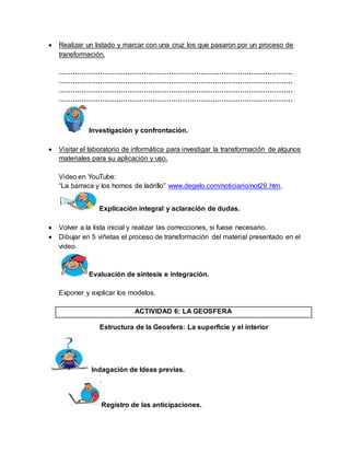  Realizar un listado y marcar con una cruz los que pasaron por un proceso de 
transformación. 
………………………………………………………………………………………… 
………………………………………………………………………………………… 
………………………………………………………………………………………… 
………………………………………………………………………………………… 
Investigación y confrontación. 
 Visitar el laboratorio de informática para investigar la transformación de algunos 
materiales para su aplicación y uso. 
Video en YouTube: 
“La barraca y los hornos de ladrillo” www.degelo.com/noticiario/not29.htm. 
Explicación integral y aclaración de dudas. 
 Volver a la lista inicial y realizar las correcciones, si fuese necesario. 
 Dibujar en 5 viñetas el proceso de transformación del material presentado en el 
video. 
Evaluación de síntesis e integración. 
Exponer y explicar los modelos. 
ACTIVIDAD 6: LA GEOSFERA 
Estructura de la Geosfera: La superficie y el interior 
Indagación de Ideas previas. 
Registro de las anticipaciones. 
 