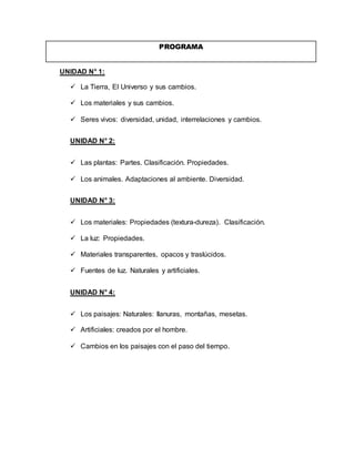 PROGRAMA 
UNIDAD N° 1: 
 La Tierra, El Universo y sus cambios. 
 Los materiales y sus cambios. 
 Seres vivos: diversidad, unidad, interrelaciones y cambios. 
UNIDAD N° 2: 
 Las plantas: Partes. Clasificación. Propiedades. 
 Los animales. Adaptaciones al ambiente. Diversidad. 
UNIDAD N° 3: 
 Los materiales: Propiedades (textura-dureza). Clasificación. 
 La luz: Propiedades. 
 Materiales transparentes, opacos y traslúcidos. 
 Fuentes de luz. Naturales y artificiales. 
UNIDAD N° 4: 
 Los paisajes: Naturales: llanuras, montañas, mesetas. 
 Artificiales: creados por el hombre. 
 Cambios en los paisajes con el paso del tiempo. 
 