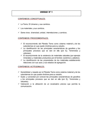UNIDAD Nº 1 
CONTENIDOS CONCEPTUALES: 
 La Tierra, El Universo y sus cambios. 
 Los materiales y sus cambios. 
 Seres vivos: diversidad, unidad, interrelaciones y cambios. 
CONTENIDOS PROCEDIMENTALES: 
 El reconocimiento del Planeta Tierra como sistema material y de los 
subsistemas en que puede dividirse para su estudio. 
 La identificación de las principales características de geosfera y los 
principales procesos que se dan en ella (por Ej.: Terremotos y 
volcanes). 
 El reconocimiento de la existencia de materiales naturales (por ejemplo 
minerales) y materiales producidos por el hombre (cerámico y plástico). 
 La identificación de las propiedades de los materiales estableciendo 
relaciones con sus usos y sus estados de agregación. 
CONTENIDOS ACTITUDINALES: 
 Sensibilidad y respeto por el Planeta Tierra como sistema material y de los 
subsistemas en que puede dividirse para su estudio. 
 Gusto y curiosidad por conocer las principales características de geosfera 
y los principales procesos que se dan en ella (por Ej.: Terremotos y 
volcanes). 
 Valoración a la utilización de un vocabulario preciso que permita la 
comunicación. 
 