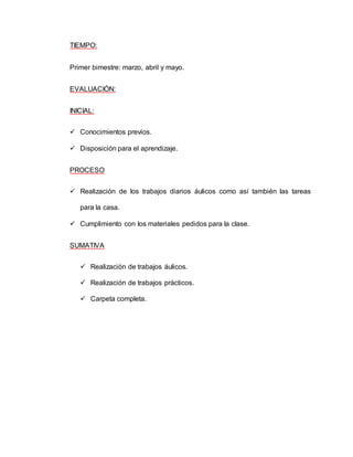 TIEMPO: 
Primer bimestre: marzo, abril y mayo. 
EVALUACIÓN: 
INICIAL: 
 Conocimientos previos. 
 Disposición para el aprendizaje. 
PROCESO 
 Realización de los trabajos diarios áulicos como así también las tareas 
para la casa. 
 Cumplimiento con los materiales pedidos para la clase. 
SUMATIVA 
 Realización de trabajos áulicos. 
 Realización de trabajos prácticos. 
 Carpeta completa. 
 
