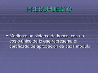 PRESUPUESTOMediante un sistema de becas, con un costo único de lo que representa el certificado de aprobación de cada módulo.