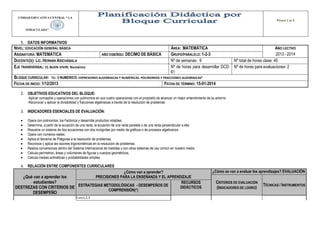 UNIDAD EDUCATIVA CENTRAL “ LA
INMACULADA”
PÁGINA 1 DE 5
1. DATOS INFORMATIVOS
NIVEL: EDUCACIÓN GENERAL BÁSICA ÁREA: MATEMÁTICA AÑO LECTIVO
2013 - 2014ASIGNATURA: MATEMÁTICA AÑO EGB/BGU: DECIMO DE BÁSICA GRUPO/PARALELO: 1-2-3
DOCENTE(S): LIC. HERNÁN ARICHÁBALA Nº de semanas: 9 Nº total de horas clase: 40
EJE TRANSVERSAL: EL BUEN VIVIR: Numérico Nº de horas para desarrollar DCD:
61
Nº de horas para evaluaciones: 2
BLOQUE CURRICULAR: No. 3 NUMERICO: EXPRESIONES ALGEBRAICAS Y NUMÉRICAS. POLINOMIOS Y FRACCIONES ALGEBRAICAS”
FECHA DE INICIO: 1/12/2013 FECHA DE TÉRMINO: 15-01-2014
2. OBJETIVOS EDUCATIVOS DEL BLOQUE:
-Aplicar conceptos y operaciones con polinomios en sus cuatro operaciones con el propósito de alcanzar un mejor entendimiento de su entorno
-Reconocer y aplicar la divisibilidad y fracciones algebraicas a través de la resolución de problemas
3. INDICADORES ESENCIALES DE EVALUACIÓN:
Opera con polinomios, los Factoriza y desarrolla productos notables.
Determina, a partir de la ecuación de una recta, la ecuación de una recta paralela o de una recta perpendicular a ella.
Resuelve un sistema de dos ecuaciones con dos incógnitas por medio de gráficos o de procesos algebraicos.
Opera con números reales.
Aplica el teorema de Pitágoras a la resolución de problemas.
Reconoce y aplica las razones trigonométricas en la resolución de problemas.
Realiza conversiones dentro del Sistema Internacional de medidas y con otros sistemas de uso común en nuestro medio.
Calcula perímetros, áreas y volúmenes de figuras y cuerpos geométricos.
Calcula medias aritméticas y probabilidades simples
4. RELACIÓN ENTRE COMPONENTES CURRICULARES
¿Qué van a aprender los
estudiantes?
DESTREZAS CON CRITERIOS DE
DESEMPEÑO
¿Cómo van a aprender?
PRECISIONES PARA LA ENSEÑANZA Y EL APRENDIZAJE
¿Cómo se van a evaluar los aprendizajes? EVALUACIÓN
CRITERIOS DE EVALUACIÓN
(INDICADORES DE LOGRO)
TÉCNICAS / INSTRUMENTOSESTRATEGIAS METODOLÓGICAS - DESEMPEÑOS DE
COMPRENSIÓN(*)
RECURSOS
DIDÁCTICOS
CLASE1,2,3
 