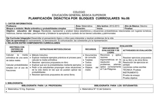 COLEGIO
EDUCACIÓN GENERAL BÁSICA SUPERIOR
PLANIFICACIÓN DIDÁCTICA POR BLOQUES CURRICULARES No.06
1.- DATOS INFORMATIVOS:
Profesora: Área: Matemática Año lectivo: 2012-2013 Año de Básica: Décimo
Bloque o módulo: Media aritmética y probabilidades simples Duración: Inicia: Finaliza:
Objetivo educativo del bloque: Recolectar, representar y analizar datos estadísticos y situaciones probabilísticas relacionadas con lugares turísticos,
históricos, bienes naturales, para fomentar y fortalecer la apropiación y cuidado de los bienes culturales y patrimoniales
.
Eje Curricular Integrador:Desarrollar el pensamiento lógico y crítico para interpretar y resolver problemas de la vida
Ejes de aprendizaje:El razonamiento, la demostración, la comunicación, las conexiones y/o la representación.
2. RELACIÓN ENTRE COMPONENTES CURRICULARES:
3. BIBLIOGRAFÍA:
BIBLIOGRAFÍA PARA LA PROFESORA: BIBLIOGRAFÍA PARA LOS ESTUDIANTES:
 Matemática 10 Ing. Espinosa

 Matemática Nº 10 del Gobierno
DESTREZA CON
CRITERIO DE
DESEMPEÑO
ESTRATEGIAS METODOLÓGICAS RECURSOS
EVALUACIÓN
INDICADORES DE
EVALUACION Y DE
LOGRO
ACTIVIDADES DE EVALUACIÓN
Calcular la media
aritmética de una serie
de datos reales
Calcular probabilidades
simples con el uso de
fracciones
 Método Inductivo
 Explicar mediante ejemplos prácticos el proceso para
calcular la media aritmética
 Resolver ejercicios propuestos en libro
 Explicar que son la probabilidades mediante ejemplos
 Pedir a los estudiantes propongan otras situaciones
de la vida diaria en las que se puedan aplicar las
probabilidades
 Resolver ejercicios propuestos de varios libros.
 Documentos
de consulta
 Tarjetas
 Textos
 Copias
 Objetos del
medio
Reconoce y aplica
razones
trigonométricas en la
resolución de
problemas, además
aplica correctamente
el T.de Pitágoras
Resolver ejercicios propuestos
de su libro y de otros libros
Resolución de ejercicios en
parejas
Lecciones cortas escritas
TÉCNICA: Pruebas
INSTRUMENTO:
Prueba de ensayo
Prueba objetiva
 