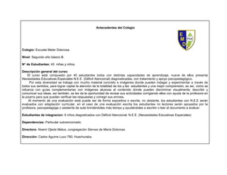 Antecedentes del Colegio




Colegio: Escuela Mater Dolorosa.

Nivel: Segundo año básico B.

N° de Estudiantes: 45 niñas y...