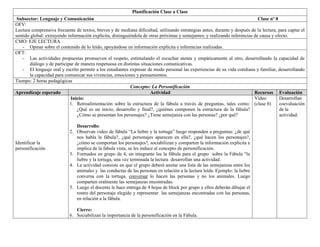 Planificación Clase a Clase
 Subsector: Lenguaje y Comunicación                                                                                          Clase nº 8
OFV:
Lectura comprensiva frecuente de textos, breves y de mediana dificultad, utilizando estrategias antes, durante y después de la lectura, para captar el
sentido global: extrayendo información explícita, distinguiéndola de otras próximas y semejantes; y realizando inferencias de causa y efecto.
CMO: EJE LECTURA
    - Opinar sobre el contenido de lo leído, apoyándose en información explícita e inferencias realizadas.
OFT:
    - Las actividades propuestas promueven el respeto, estimulando el escuchar atenta y empáticamente al otro, desarrollando la capacidad de
       diálogo y de participar de manera respetuosa en distintas situaciones comunicativas.
    - El lenguaje oral y escrito permite a los estudiantes expresar de modo personal las experiencias de su vida cotidiana y familiar, desarrollando
       la capacidad para comunicar sus vivencias, emociones y pensamientos.
Tiempo: 2 horas pedagógicas
                                                            Concepto: La Personificación
Aprendizaje esperado                                                  Actividad                                            Recursos Evaluación
                            Inicio:                                                                                        Video        Desarrollan
                            1. Retroalimentación sobre la estructura de la fábula a través de preguntas, tales como: (clase 8)          coevaluación
                                ¿Qué es un inicio, desarrollo y final?, ¿quiénes componen la estructura de la fábula?                   de la
                                ¿Cómo se presentan los personajes? ¿Tiene semejanza con las personas? ¿por qué?                         actividad.

                               Desarrollo:
                            2. Observan video de fábula “La liebre y la tortuga” luego responden a preguntas: ¿de qué
                               nos habla la fábula?, ¿qué personajes aparecen en ella?, ¿qué hacen los personajes?,
Identificar la                 ¿cómo se comportan los personajes?, sociabilizan y comparten la información explicita e
personificación                implica de la fabula vista, se les induce al concepto de personificación.
                            3. Formados en grupo de 4, un integrante lee la fábula para el grupo sobre la Fábula “la
                               liebre y la tortuga, una vez terminada la lectura desarrollan una actividad.
                            4. La actividad consiste en que el grupo deberá anotar una lista de las semejanzas entre los
                               animales y las conductas de las personas en relación a la lectura leída. Ejemplo: la liebre
                               conversa con la tortuga, conversar lo hacen las personas y no los animales. Luego
                               comparten oralmente las semejanzas encontradas.
                            5. Luego el docente le hace entrega de 4 hojas de block por grupo y ellos deberán dibujar el
                               rostro del personaje elegido y representar las semejanzas encontradas con las personas,
                               en relación a la fábula.

                               Cierre:
                            6. Sociabilizan la importancia de la personificación en la Fábula.
 