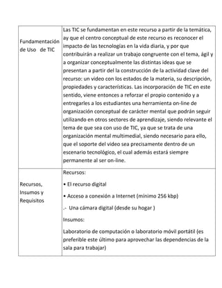 Las TIC se fundamentan en este recurso a partir de la temática,
               ay que el centro conceptual de este recurso es reconocer el
Fundamentación
               impacto de las tecnologías en la vida diaria, y por que
de Uso de TIC
               contribuirán a realizar un trabajo congruente con el tema, ágil y
               a organizar conceptualmente las distintas ideas que se
               presentan a partir del la construcción de la actividad clave del
               recurso: un video con los estados de la materia, su descripción,
               propiedades y características. Las incorporación de TIC en este
               sentido, viene entonces a reforzar el propio contenido y a
               entregarles a los estudiantes una herramienta on-line de
               organización conceptual de carácter mental que podrán seguir
               utilizando en otros sectores de aprendizaje, siendo relevante el
               tema de que sea con uso de TIC, ya que se trata de una
               organización mental multimedial, siendo necesario para ello,
               que el soporte del video sea precisamente dentro de un
               escenario tecnológico, el cual además estará siempre
               permanente al ser on-line.

                 Recursos:

Recursos,        • El recurso digital
Insumos y
                 • Acceso a conexión a Internet (mínimo 256 kbp)
Requisitos
                 .- Una cámara digital (desde su hogar )

                 Insumos:

                 Laboratorio de computación o laboratorio móvil portátil (es
                 preferible este último para aprovechar las dependencias de la
                 sala para trabajar)
 