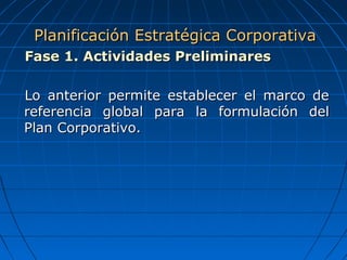 Fase 1. Actividades PreliminaresFase 1. Actividades Preliminares
Lo anterior permite establecer el marco deLo anterior permite establecer el marco de
referencia global para la formulación delreferencia global para la formulación del
Plan Corporativo.Plan Corporativo.
Planificación Estratégica CorporativaPlanificación Estratégica Corporativa
 