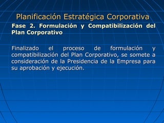 Fase 2. Formulación y Compatibilización delFase 2. Formulación y Compatibilización del
Plan CorporativoPlan Corporativo
Finalizado el proceso de formulación yFinalizado el proceso de formulación y
compatibilización del Plan Corporativo, se somete acompatibilización del Plan Corporativo, se somete a
consideración de la Presidencia de la Empresa paraconsideración de la Presidencia de la Empresa para
su aprobación y ejecución.su aprobación y ejecución.
Planificación Estratégica CorporativaPlanificación Estratégica Corporativa
 