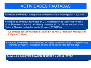 ACTIVIDADES PAUTADAS
Actividad 1: 04/05/2012 Asignación de Redes y Virus Investigación – 2,5 ptos


Actividad 2: 28/05/2012 Entregar en CD Investigación de Videos de Redes y
Virus, Resumen o Análisis del Video y Investigación de ultimas innovación de
Redes y Ataques realizados mediante virus – 17,50 Ptos

  (La entrega del CD Realizara El 28/05 En El Aula 27 Del Edif. Monagas de
  6.30pm A 7:30pm)


 Actividad 3: 01/06/2012 continuación de clases de redes y virus – presentación y
    defensa de videos – aplicación de quiz de la clases vista ese día 5tos




 Actividad 3: 08/06/2012 EXAMEN DE REDES Y VIRUS 15PTOS
 