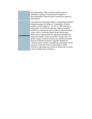 descomponedora. Pedir en forma aleatoria que un
                estudiante explique lo realizado por la máquina
                descomponedora. Permitir que los estudiantes repitan la
                presentación.
              Consolidación: Descomponiendo y componiendo números
              Organizar grupos de trabajo de 4 integrantes. Elaborar
              cartillas con los números 1, 10, 100 y 1 000. Entregar a
              cada grupo 10 cartillas de cada tipo. Elaborar cuarenta
              cartillas; en cada una de ellas escribir un número de hasta
              cuatro cifras y colocarlas dentro de una funda negra.
              Hacer que un representante de cada grupo introduzca la
Consolidación
              mano en la funda y tome una cartilla. Cuando todos los
              grupos tengan su número tomarán las cartillas necesarias
              para descomponer el número asignado. Después de
              verificar que las cartillas escogidas por cada grupo son las
              correctas, colocarlas dentro de otra funda o cartón.
              Solicitar a cada grupo que escriba el número que se forma
              con las cartillas que les sobraron.
 