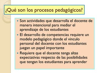 ¿Qué son los procesos pedagógicos?
 Son actividades que desarrolla el docente de
manera intencional para mediar el
aprend...
