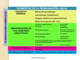 ELEMENTOS DE LA PROGRAMACIÓN ANUAL
DESCRIPCION
GENERAL
Metas de aprendizaje
Aprendizaje fundamental
Campos temáticos (cono...