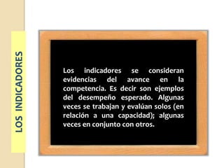 Los indicadores se consideran
evidencias del avance en la
competencia. Es decir son ejemplos
del desempeño esperado. Algun...