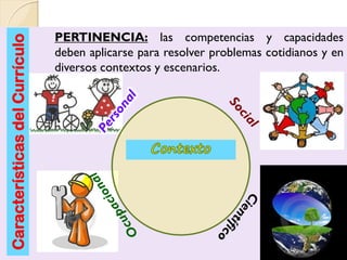 PERTINENCIA: las competencias y capacidades
deben aplicarse para resolver problemas cotidianos y en
diversos contextos y e...