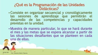 ¿Qué es la Programación de las Unidades
Didácticas?
 Consiste en organizar secuencial y cronológicamente
las sesiones de aprendizaje que permitirán el
desarrollo de las competencias y capacidades
previstas en la unidad.
 Muestra de manera particular, lo que se hará durante
el mes y las metas que se espera alcanzar a partir de
las situaciones desafiantes que se planteen en cada
una de ellas.
18/02/201
7
Prof. Clemente Morón Palacios
13
 