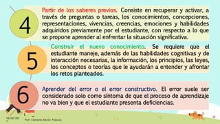 Partir de los saberes previos. Consiste en recuperar y activar, a
través de preguntas o tareas, los conocimientos, concepciones,
representaciones, vivencias, creencias, emociones y habilidades
adquiridos previamente por el estudiante, con respecto a lo que
se propone aprender al enfrentar la situación significativa.
Construir el nuevo conocimiento. Se requiere que el
estudiante maneje, además de las habilidades cognitivas y de
interacción necesarias, la información, los principios, las leyes,
los conceptos o teorías que le ayudarán a entender y afrontar
los retos planteados.
Aprender del error o el error constructivo. El error suele ser
considerado solo como síntoma de que el proceso de aprendizaje
no va bien y que el estudiante presenta deficiencias.
18/02/201
7
Prof. Clemente Morón Palacios
28
4
5
6
 