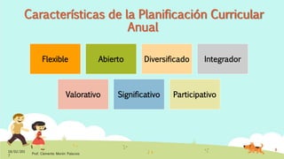 Características de la Planificación Curricular
Anual
Flexible Abierto Diversificado Integrador
Valorativo Significativo Participativo
18/02/201
7
Prof. Clemente Morón Palacios
8
 