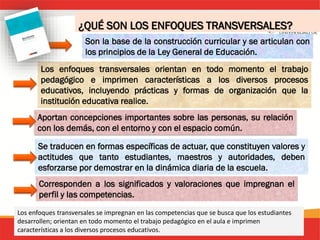 ¿QUÉ SON LOS ENFOQUES TRANSVERSALES?
Los enfoques transversales orientan en todo momento el trabajo
pedagógico e imprimen características a los diversos procesos
educativos, incluyendo prácticas y formas de organización que la
institución educativa realice.
Aportan concepciones importantes sobre las personas, su relación
con los demás, con el entorno y con el espacio común.
Se traducen en formas específicas de actuar, que constituyen valores y
actitudes que tanto estudiantes, maestros y autoridades, deben
esforzarse por demostrar en la dinámica diaria de la escuela.
Corresponden a los significados y valoraciones que impregnan el
perfil y las competencias.
Son la base de la construcción curricular y se articulan con
los principios de la Ley General de Educación.
Los enfoques transversales se impregnan en las competencias que se busca que los estudiantes
desarrollen; orientan en todo momento el trabajo pedagógico en el aula e imprimen
características a los diversos procesos educativos.
 