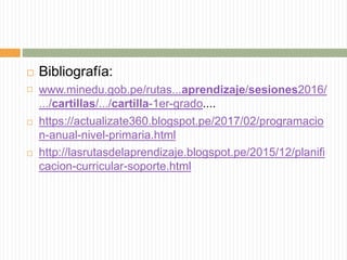  Bibliografía:
 www.minedu.gob.pe/rutas...aprendizaje/sesiones2016/
.../cartillas/.../cartilla-1er-grado....
 https://actualizate360.blogspot.pe/2017/02/programacio
n-anual-nivel-primaria.html
 http://lasrutasdelaprendizaje.blogspot.pe/2015/12/planifi
cacion-curricular-soporte.html
 