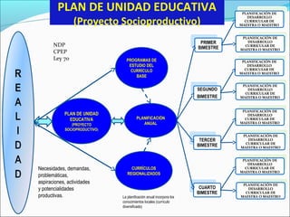 PLAN DE UNIDAD EDUCATIVA
(Proyecto Socioproductivo)
PROGRAMAS DE
ESTUDIO DEL
CURRÍCULO
BASE
PLANIFICACIÓN
ANUAL
CURRÍCULOS
REGIONALIZADOS
PRIMER
BIMESTRE
SEGUNDO
BIMESTRE
TERCER
BIMESTRE
CUARTO
BIMESTRE
PLANIFICACIÓN DE
DESARROLLO
CURRICULAR DE
MAESTRA O MAESTRO
PLANIFICACIÓN DE
DESARROLLO
CURRICULAR DE
MAESTRA O MAESTRO
PLANIFICACIÓN DE
DESARROLLO
CURRICULAR DE
MAESTRA O MAESTRO
PLANIFICACIÓN DE
DESARROLLO
CURRICULAR DE
MAESTRA O MAESTRO
PLAN DE UNIDAD
EDUCATIVA
(PROYECTO
SOCIOPRODUCTIVO)
PLANIFICACIÓN DE
DESARROLLO
CURRICULAR DE
MAESTRA O MAESTRO
PLANIFICACIÓN DE
DESARROLLO
CURRICULAR DE
MAESTRA O MAESTRO
PLANIFICACIÓN DE
DESARROLLO
CURRICULAR DE
MAESTRA O MAESTRO
PLANIFICACIÓN DE
DESARROLLO
CURRICULAR DE
MAESTRA O MAESTRO
Necesidades, demandas,
problemáticas,
aspiraciones, actividades
y potencialidades
productivas. La planificación anual incorpora los
conocimientos locales (currículo
diversificado)
NDP
CPEP
Ley 70
 