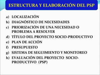 a) LOCALIZACIÓN
b) DIAGNÓSTICO DE NECESIDADES
c) PRIORIZACIÓN DE UNA NECESIDAD O
PROBLEMA A RESOLVER
d) TÍTULO DEL PROYECTO SOCIO-PRODUCTIVO
e) PLAN DE ACCIÓN
f) PRESUPUESTO
g) SISTEMA DE SEGUIMIENTO Y MONITOREO
h) EVALUACIÓN DEL PROYECTO SOCIO-
PRODUCTIVO (PSP)
ESTRUCTURA Y ELABORACIÓN DEL PSP
 