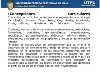 Concepciones curriculares Conceptos de currículos de autores mas representativos del siglo XX (Saylor, Jhonson, Taba, Ruler, King, Acuña, Arredondo, Arnáz, Gimeo, Ministerio de Educación Ecuador.  Currículo, conjunto de los principios antropológicos, axiológicos, formativos, científicos, epistermológicos, metodológicos, sociológicos, psicopedagógicos, didácticos, administrativos y evaluativos, que inspiran los propósitos y procesos de formación integral. “Proceso de construcción del conocimiento que se orienta al desarrollo de un pensamiento y modo de actuar lógico, crítico y creativo, en la concreción de los objetivos educativos con su sistema de destrezas y conocimientos, a través del en­frentamiento ante situaciones y problemas reales de la vida y de métodos participativos de aprendizaje, para conducir al estudiantado a alcanzar los logros de desempeño que demanda el perfil de salida de la educación bá­sica y bachillerato”  