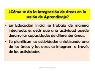 ¿Cómo se da la Integración de áreas en la
sesión de Aprendizaje?
• En Educación Inicial se trabaja de manera
integrada, es decir que una actividad puede
desarrollar capacidades de diferentes áreas.
• Se planifican las actividades enfatizando una
de las áreas y las otras se integran a través
de las actividades.
Katherine Carbajal Cornejo
 